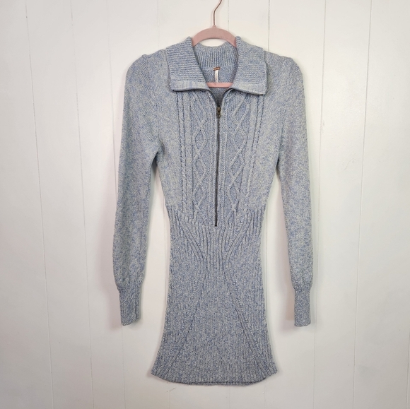 Free People Mont Blanc Mini Dress Blue Womens Medium Sweater Knit Boho Winter - Picture 2 of 13